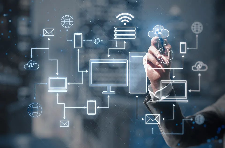 Digital automation icons overlaid on a person interacting with a display